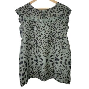 Lungo L'Arno Linen Animal Print Sleeveless Top Ruffle Green 1X NEW